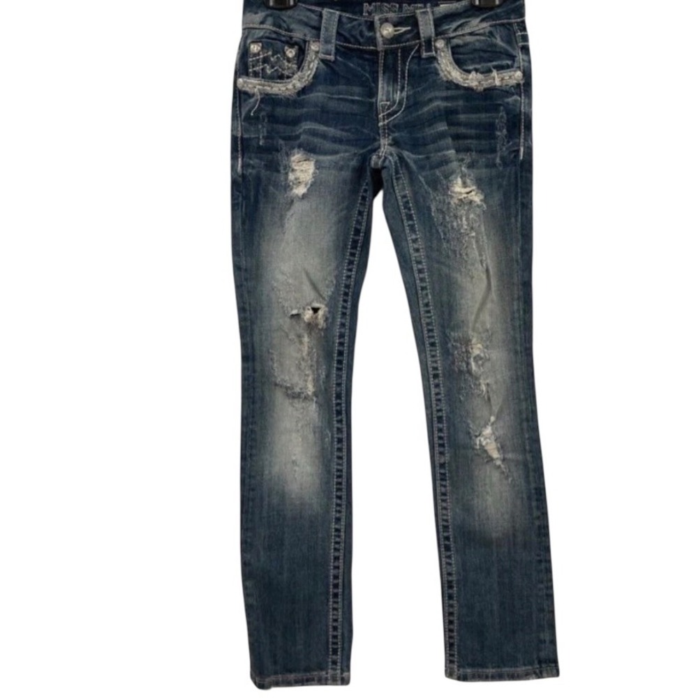 Miss Me Jeans Size 25 Distressed Bootcut Blue Embellished Pockets Denim